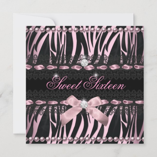 Sweet 16 Sweet Sixteen Pink Black Zebra Lace Invitation (Front)