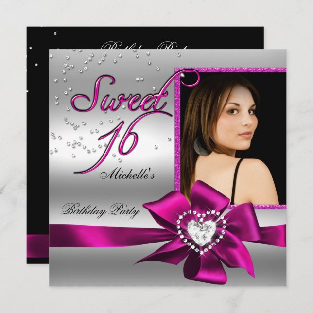 Sweet 16 Sweet Sixteen Pink Silver Photo Invitation (Front/Back)