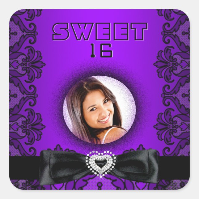 Sweet 16 Sweet Sixteen Purple Black Lace Photo Square Sticker (Front)
