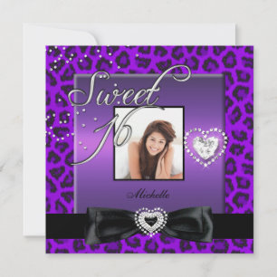 Sweet 16 Sweet Sixteen Purple Black Leopard Photo Invitation