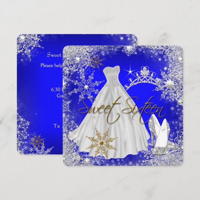 Sweet 16 Sweet Sixteen Royal Blue White Snowflakes Invitation (Front/Back)