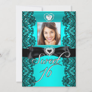 Sweet 16 Sweet Sixteen Teal Black Lace Photo Invitation