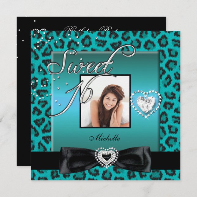 Sweet 16 Sweet Sixteen Teal Black Leopard Photo Invitation (Front/Back)