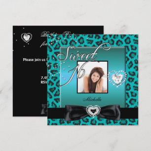 Sweet 16 Sweet Sixteen Teal Black Leopard Photo Invitation