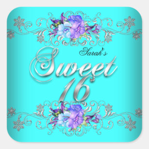 Sweet 16 Sweet Sixteen Teal Purple Flowers Square Sticker