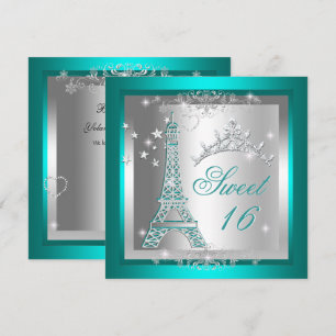 Sweet 16 Sweet Sixteen Teal Tiara Eiffel Tower Invitation