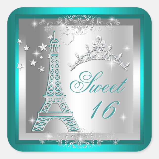 Sweet 16 Sweet Sixteen Teal Tiara Eiffel Tower Square Sticker (Front)