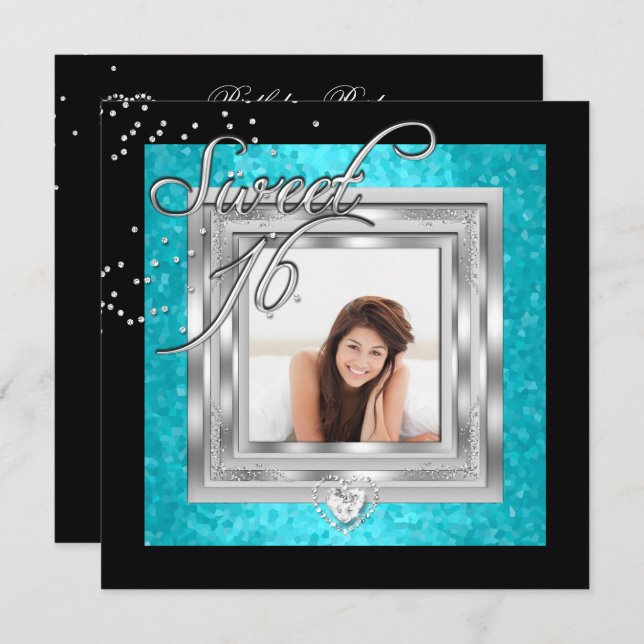 Sweet 16 Sweet Sixteen Turquoise Black Photo Invitation (Front/Back)