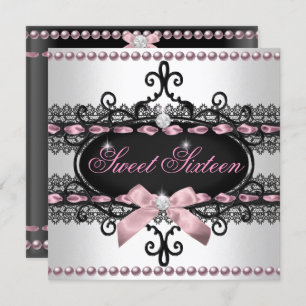 Sweet 16 Sweet Sixteen White Pink Black Lace Pearl Invitation