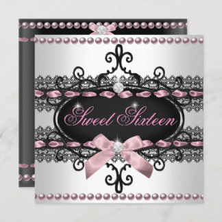 Sweet 16 Sweet Sixteen White Pink Black Lace Pearl Invitation