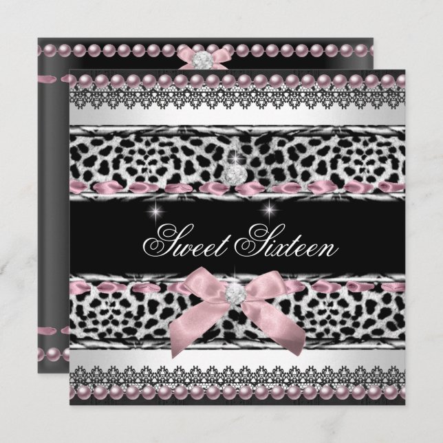 Sweet 16 Sweet Sixteen White Pink Black Leopard Invitation (Front/Back)