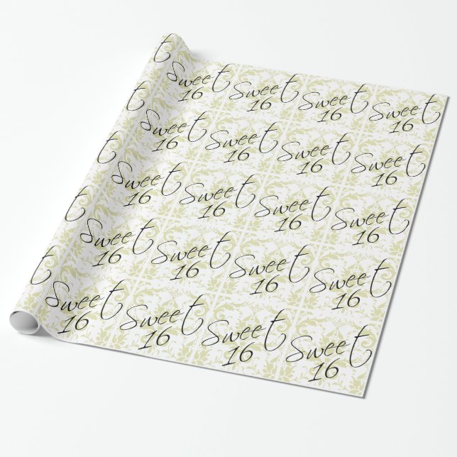 Sweet 16 Taupe Tan Damask Girly Birthday Party Wrapping Paper (Unrolled)