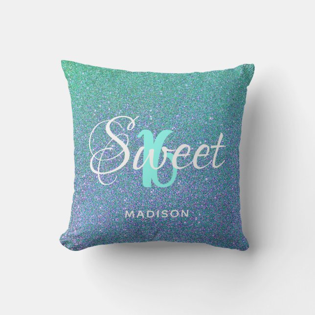 Sweet 16 Teal Aqua Glitter Sparkle Personalised Cushion (Front)