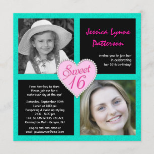 Sweet 16 Teal Black Bling Heart Photo Invitations