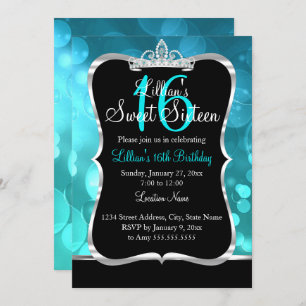 Sweet 16 Teal Blue Black Tiara Invitation