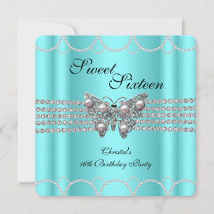 SWEET 16 Teal Blue Butterfly Pearl Birthday party Invitation