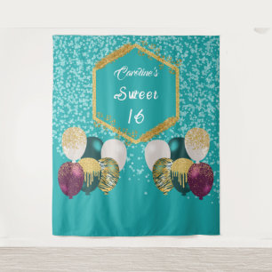 Sweet 16 Teal Blue Glitter & Glitter Party Balloon Tapestry