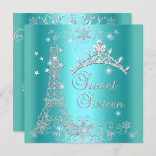 Sweet 16 Teal Blue Glitter Tiara Eiffel Tower Invitation