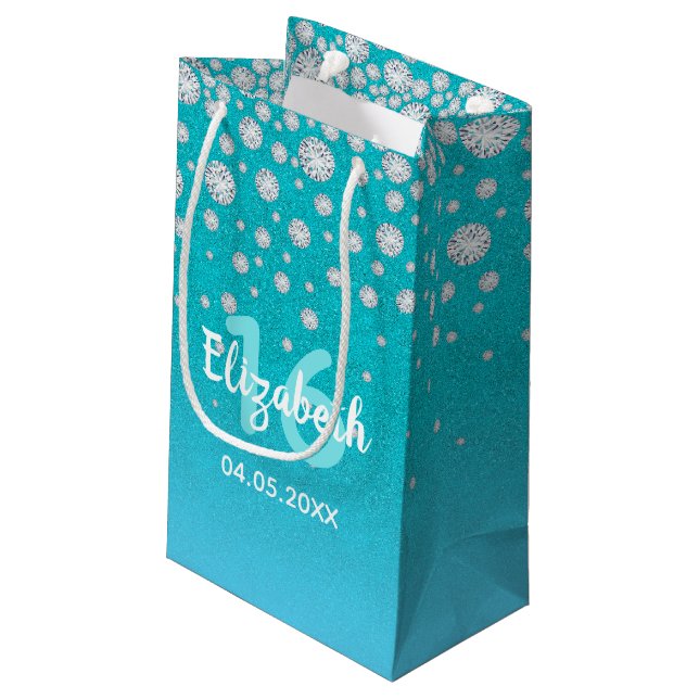 Sweet 16 teal blue green glitter name small gift bag (Back Angled)