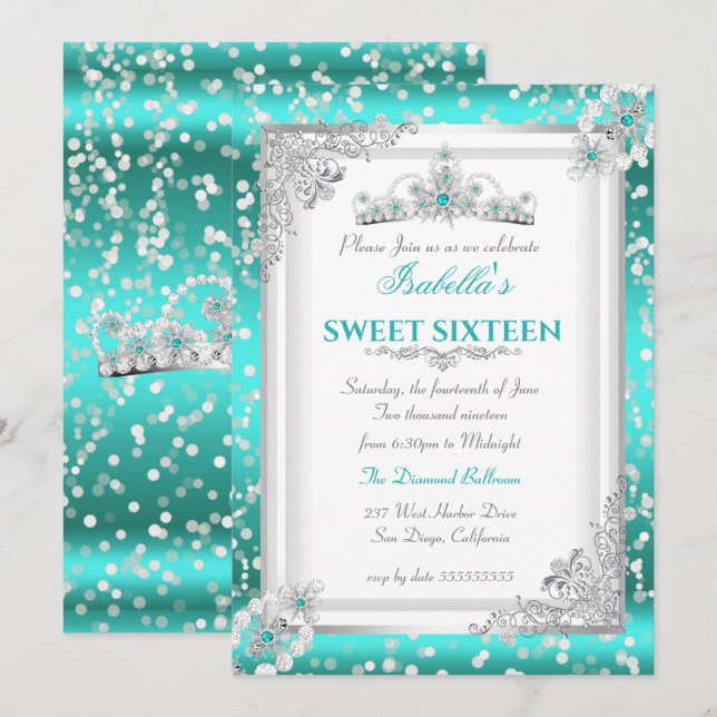 Sweet 16 Teal Blue Silver Snowflake Tiara Invitation (Front/Back)