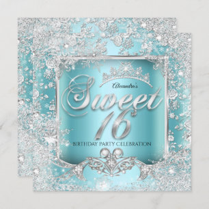 Sweet 16 Teal Blue Silver Tiara Winter Wonderland Invitation