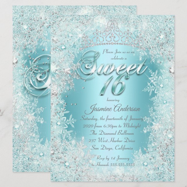 Sweet 16 Teal blue Silver Winter Wonderland Tiara Invitation (Front/Back)