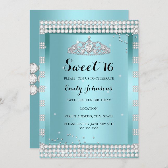 Sweet 16 Teal Blue Sparkle Tiara Birthday Party Invitation (Front/Back)
