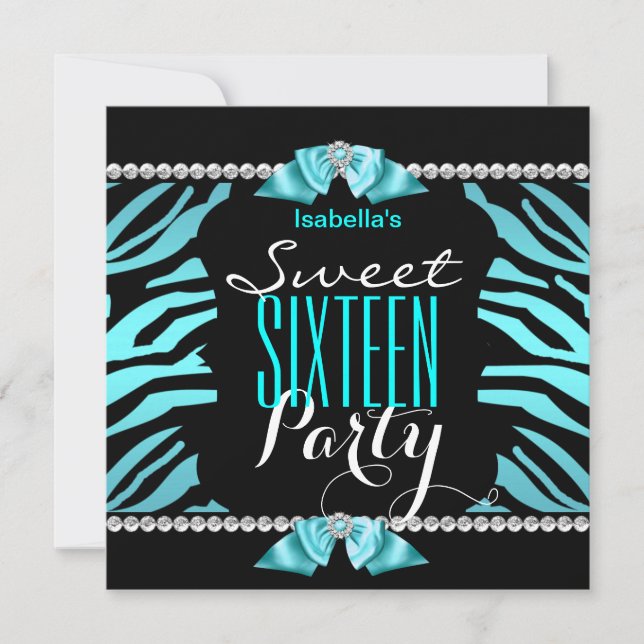 Sweet 16 Teal Blue Zebra Black White Birthday Invitation (Front)