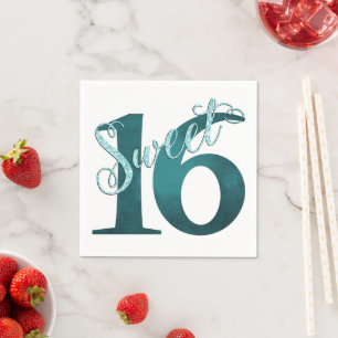 Sweet 16   Teal Green Grunge and Faux Glitter Napkin