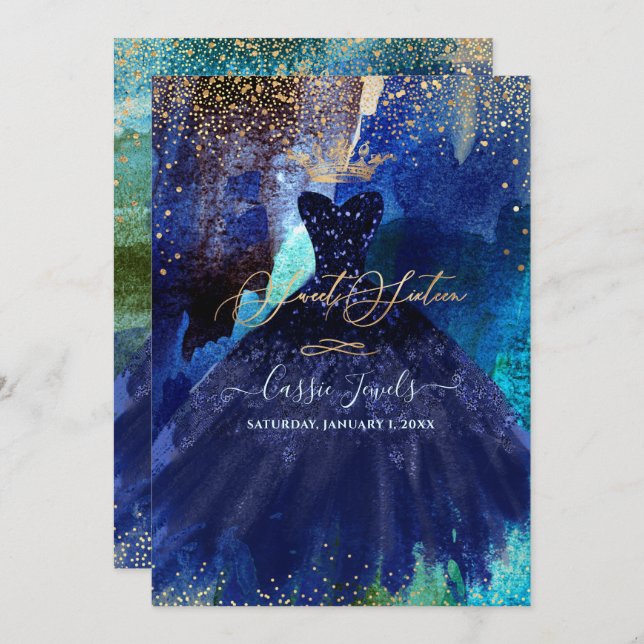 Sweet 16 Teal Navy Blue Watercolor Gown Invitation (Front/Back)