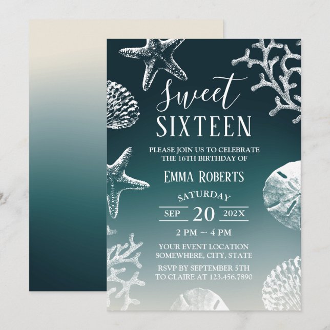 Sweet 16 Teal Ombre Beach Starfish & Seashells Invitation (Front/Back)