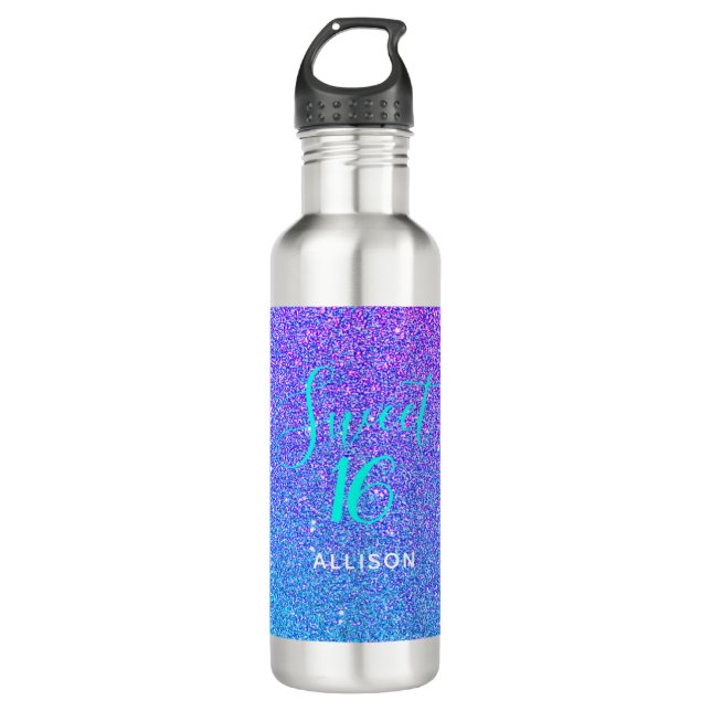 Sweet 16 Teal Purple Glitter Ombre Personalised 710 Ml Water Bottle (Front)