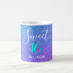 Sweet 16 Teal Purple Glitter Ombre Personalised Coffee Mug
