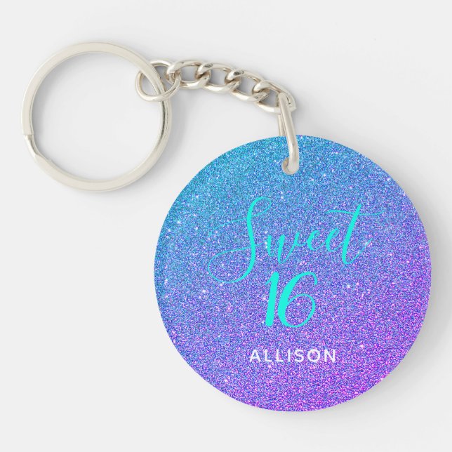 Sweet 16 Teal Purple Glitter Ombre Personalised Key Ring (Front)