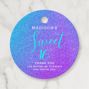 Sweet 16 Teal Purple Glitter Thank You Name Favour Tags
