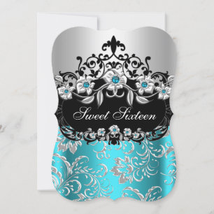 Sweet 16 Teal Silver Black Floral Jewel Party Invitation
