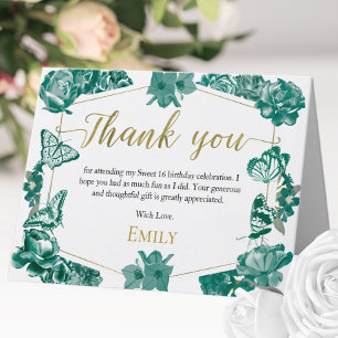 Sweet 16 Thank You Card Butterfly Emerald Green