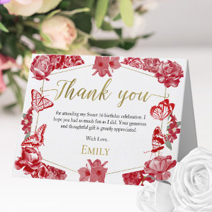 Sweet 16 Thank You Card Butterfly Red Floral Gold 