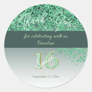 Sweet 16 Thank You Falling Green Glitter Classic Round Sticker