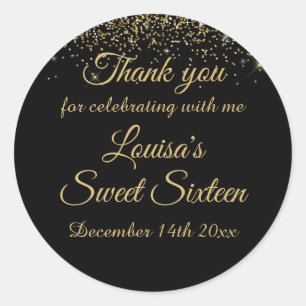 Sweet 16 Thank you Stickers Black & Gold Glitter