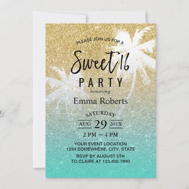 Sweet 16 Tropical Beach Palm Tree Modern Gold Invitation (Front)