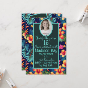 Sweet 16 Tropical Collage Hibiscus Deep Blue  Invitation