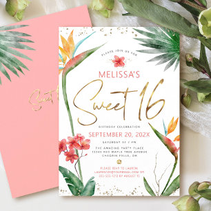 Sweet 16 Tropical Floral Watercolor Gold Script Invitation