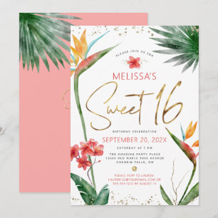 Sweet 16 Tropical Floral Watercolor Gold Script Invitation