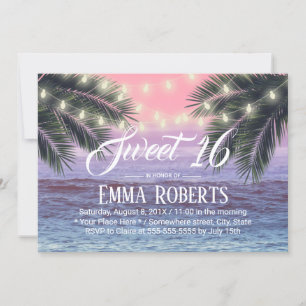 Sweet 16 Tropical Palm Tree Beach String Lights Invitation