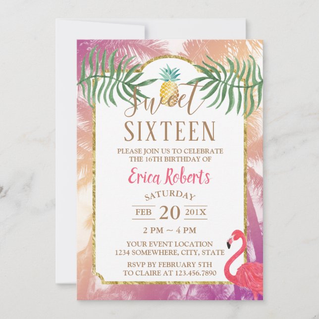 Sweet 16 Tropical Pineapple & Palm Trees Birthday Invitation (Front)