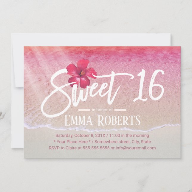 Sweet 16 Tropical Pink Beach Red Flower Invitation (Front)