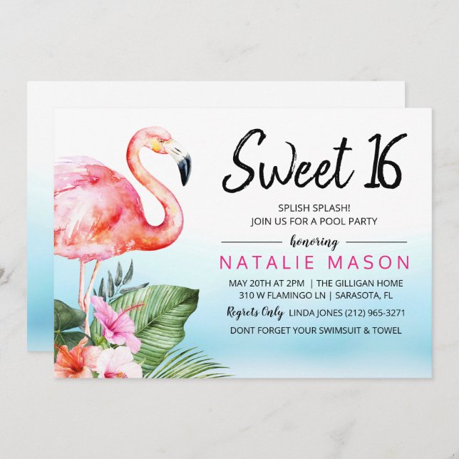 Sweet 16 Tropical Pool Party Birthday Invitation (Front/Back)