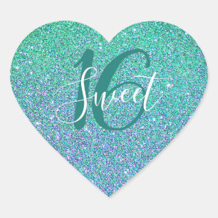 Sweet 16 Turquoise Blue Glitter Birthday Heart Sticker