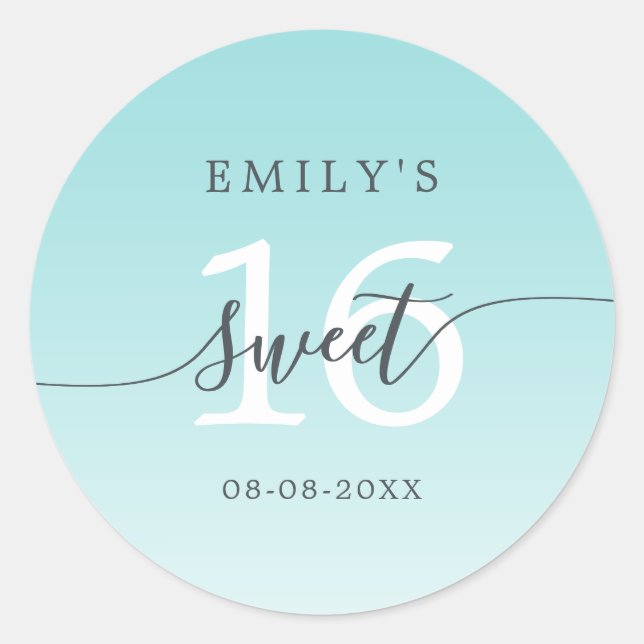 Sweet 16 Turquoise Blue Ombre Custom Name Date  Classic Round Sticker (Front)